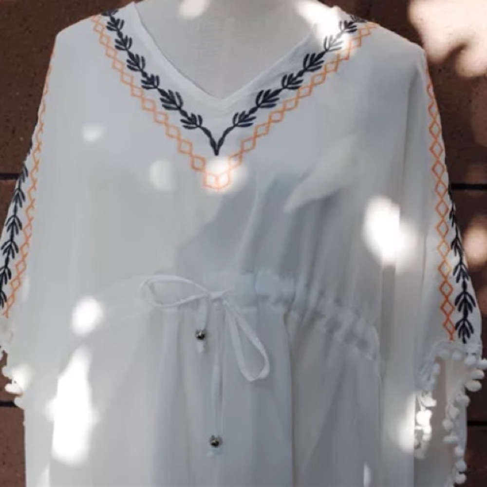White Chiffon Embroidered Pompom Trim Swim Coverup - Picture 4 of 6